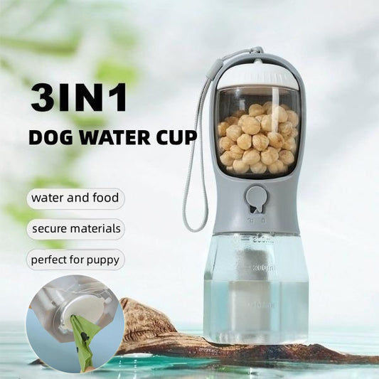 3-in-1 Portable Pet Bottle – Water, Food & Waste Bag Holder for Dogs